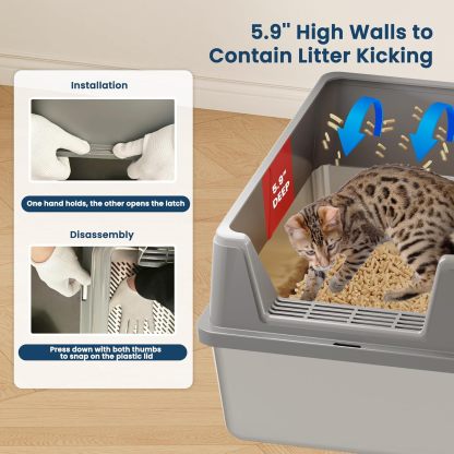 Stainless Steel Sifting Litter Box for Pine Pellets| Large Sifting Cat Litter Box with Sifter, High Side for Big Cats, Anti-Leakage, Odor Control, Includes Scooper| 23.6" x 15.7" x 11.8" 