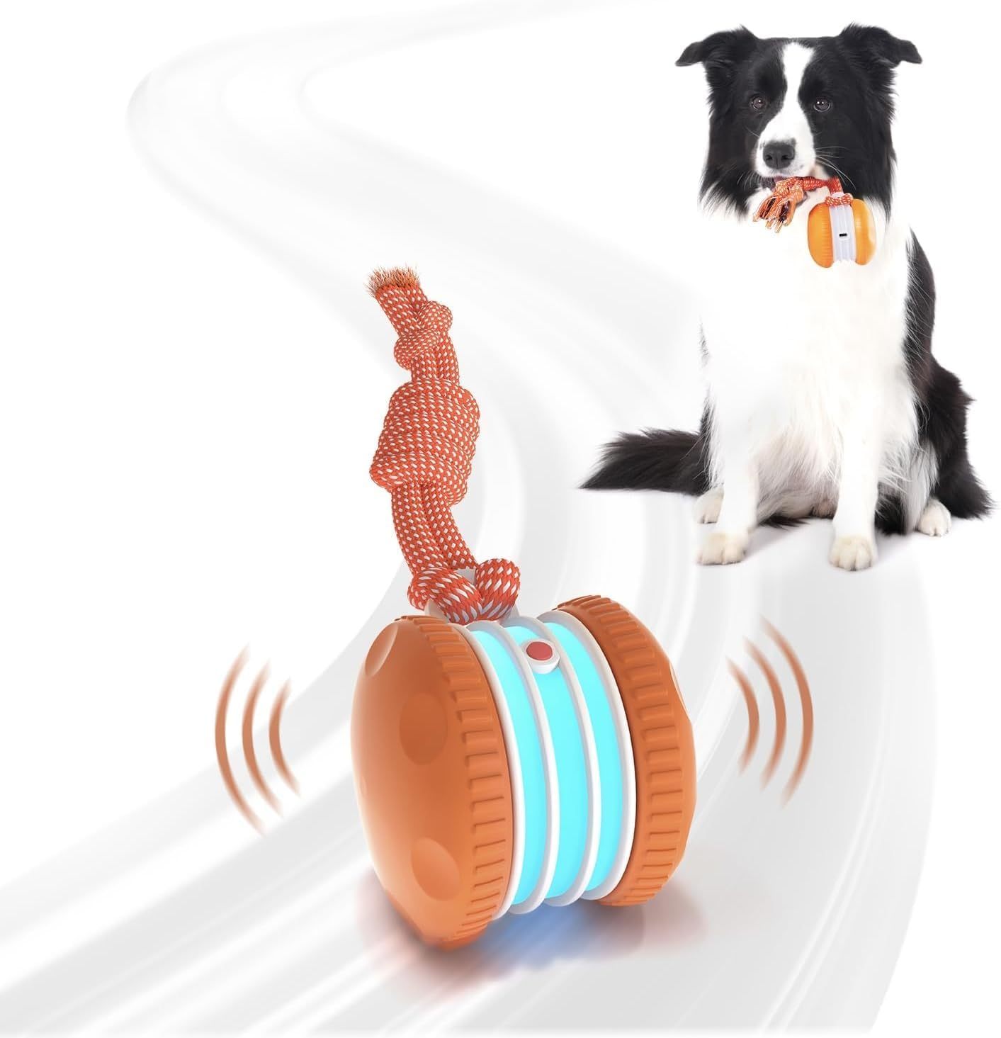 MarvelPaws Interactive Dog Toys, Random Path Electric Automatic Moving and Rolling Toy with Rope for All Dogs| Motion-Activated Dog Stimulation Toy for Boredom Relief (Orange)