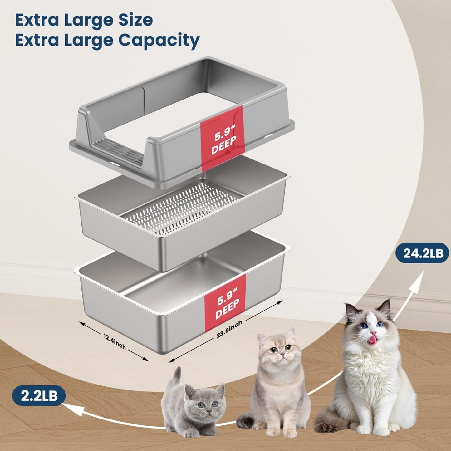 Stainless Steel Sifting Litter Box for Pine Pellets| Large Sifting Cat Litter Box with Sifter, High Side for Big Cats, Anti-Leakage, Odor Control, Includes Scooper| 23.6" x 15.7" x 11.8" 