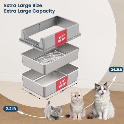 Stainless Steel Sifting Litter Box for Pine Pellets| Large Sifting Cat Litter Box with Sifter, High Side for Big Cats, Anti-Leakage, Odor Control, Includes Scooper| 23.6" x 15.7" x 11.8" 