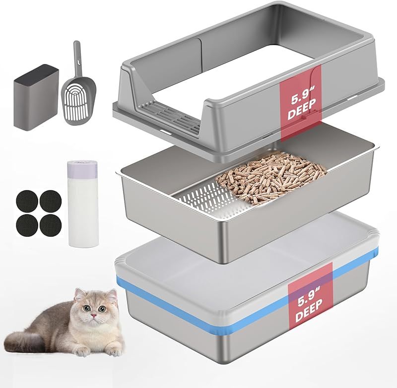 Stainless Steel Sifting Litter Box for Pine Pellets| Large Sifting Cat Litter Box with Sifter, High Side for Big Cats, Anti-Leakage, Odor Control, Includes Scooper| 23.6" x 15.7" x 11.8" 