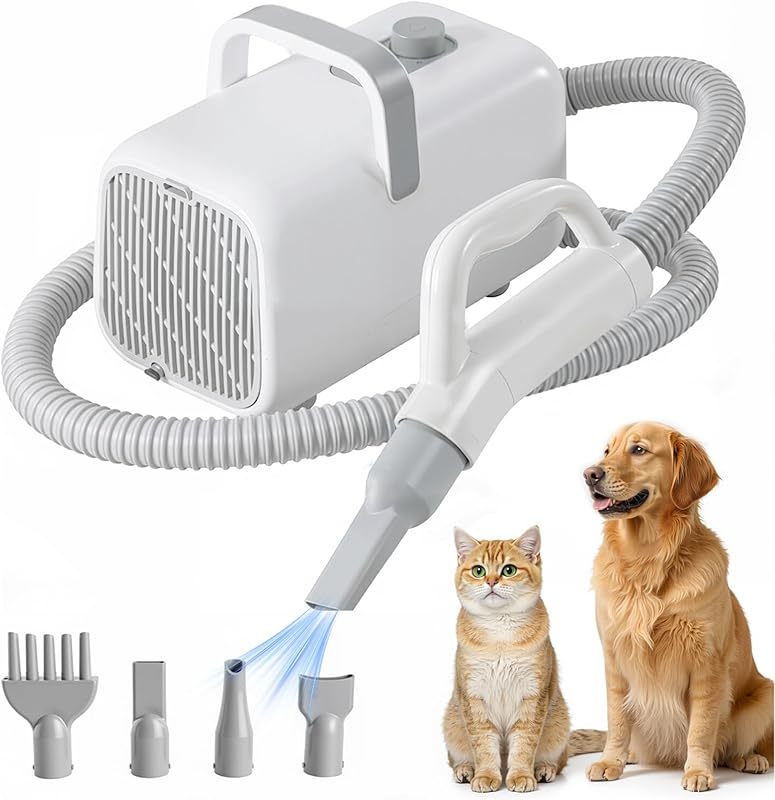 DUMOS Dog Blow Sryer Grooming Vacuum Kit| Cat Dog Hair Dryer with Adjustable Wind Speed & Heater Temperature, Cool-Warm-Hot Cycle Mode, 4 Nozzles| 6.5FT Cord for Low Noise Pet Hair Remover