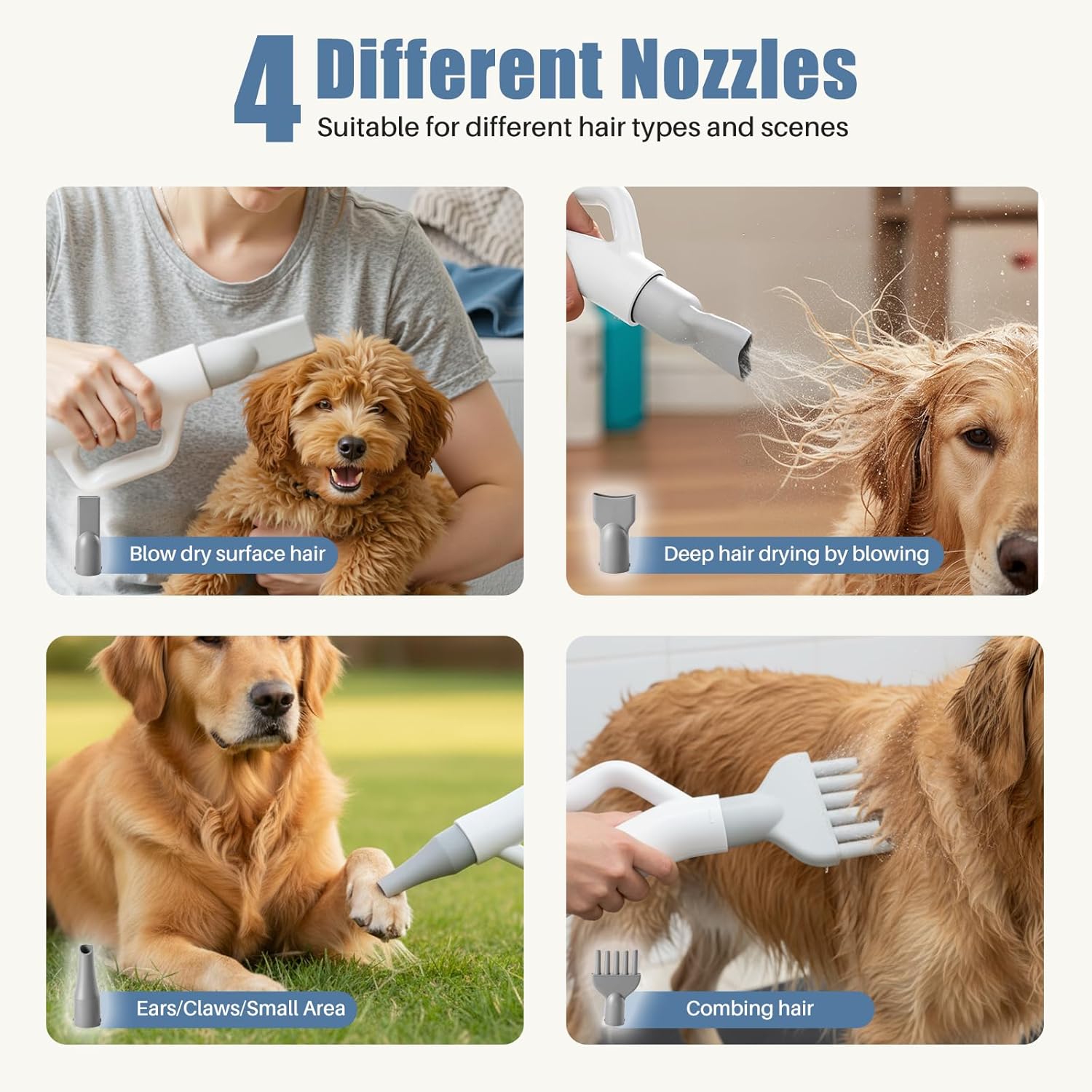 DUMOS Dog Blow Sryer Grooming Vacuum Kit| Cat Dog Hair Dryer with Adjustable Wind Speed & Heater Temperature, Cool-Warm-Hot Cycle Mode, 4 Nozzles| 6.5FT Cord for Low Noise Pet Hair Remover