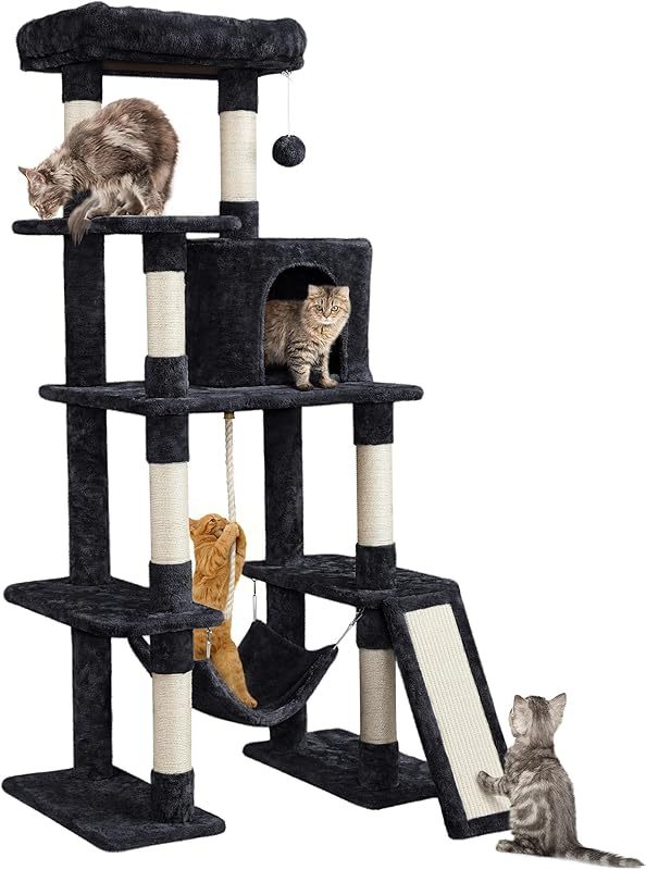 MarvelPaws Large Multi-Level Cat Tree| 63 Inches Tall with Sisal-Covered Scratching Posts, Condo, Hammock, Dangling Ball, and Extended Platform for Cats to Play and Sleep