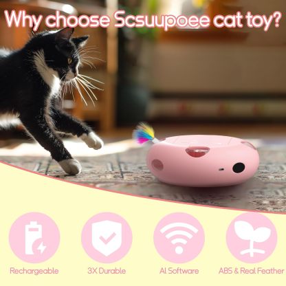 MarvelPaws Interactive Cat Toy| Electric Cat Toys for Moving Concealed Feathers| Smart Sensor 7 Holes Whack a Mole Feather Toy| USB Charge Automatic Kitten Toys| Pink