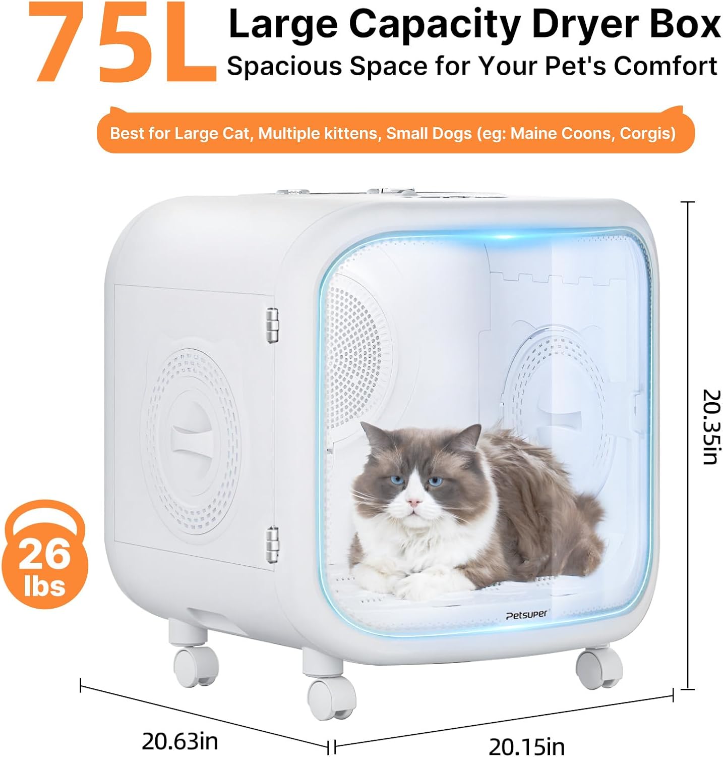 75L Large Automatic Pet Dryer Box for Cats & Small Dogs With App-Controlled| Ultra-Quiet Hands-Free Drying with Smart Safe Temperature & Overheat Protection - Ideal for Multi-Pet Homes