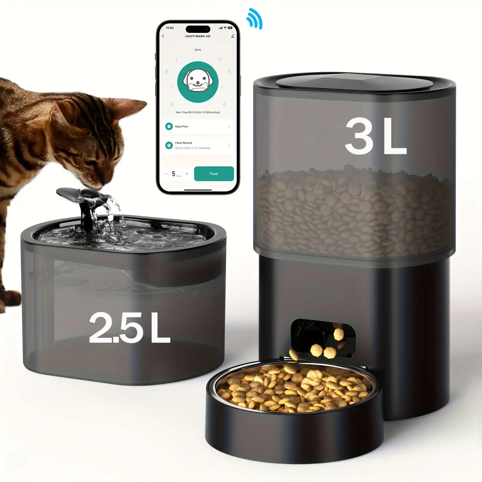 MarvelPaws Large Capacity Wi-Fi Remote Automatic Cat Feeder & 84.54oz Wireless Automatic Dog Drinking Fountain Bowl with Filter - Quiet Smart Pet Feeder and Drinker System