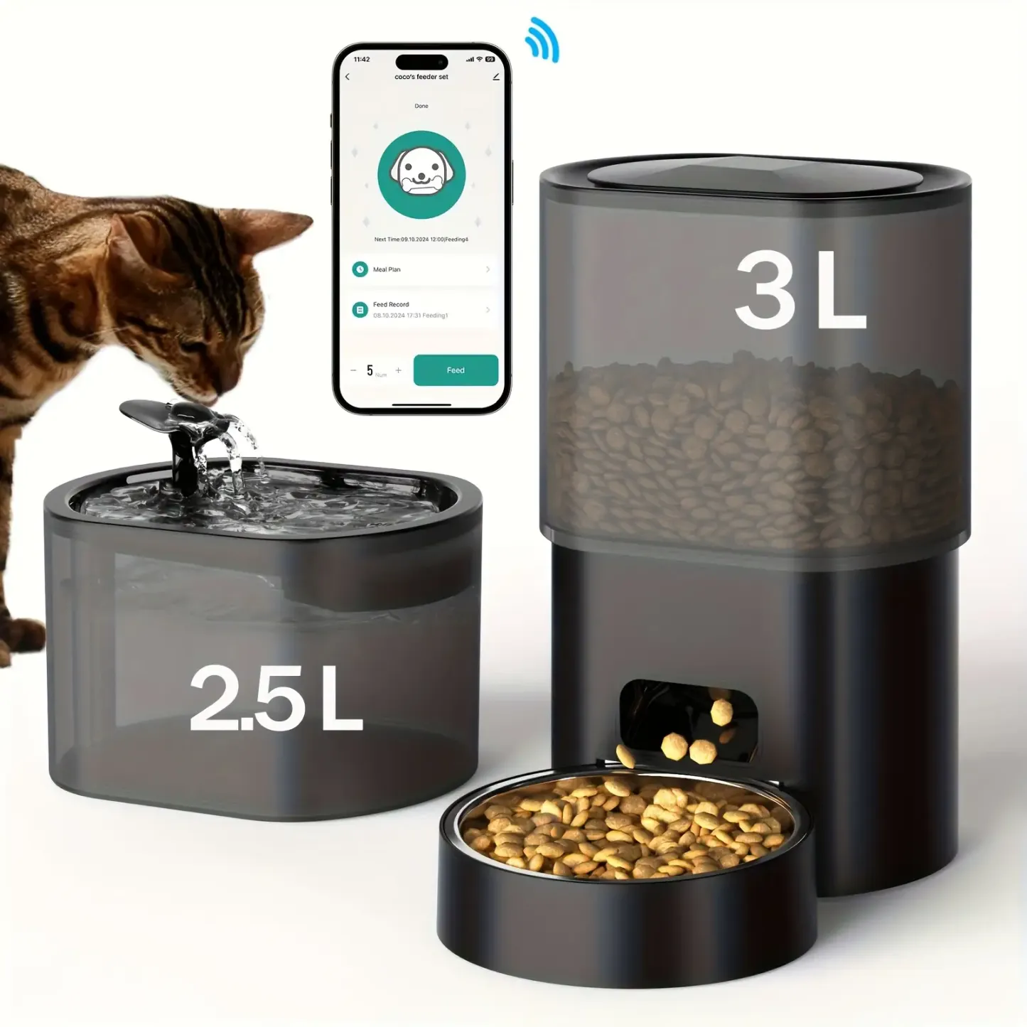 MarvelPaws Large Capacity Wi-Fi Remote Automatic Cat Feeder & 84.54oz Wireless Automatic Dog Drinking Fountain Bowl with Filter - Quiet Smart Pet Feeder and Drinker System