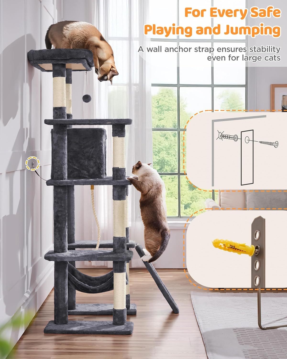 MarvelPaws Large Multi-Level Cat Tree| 63 Inches Tall with Sisal-Covered Scratching Posts, Condo, Hammock, Dangling Ball, and Extended Platform for Cats to Play and Sleep