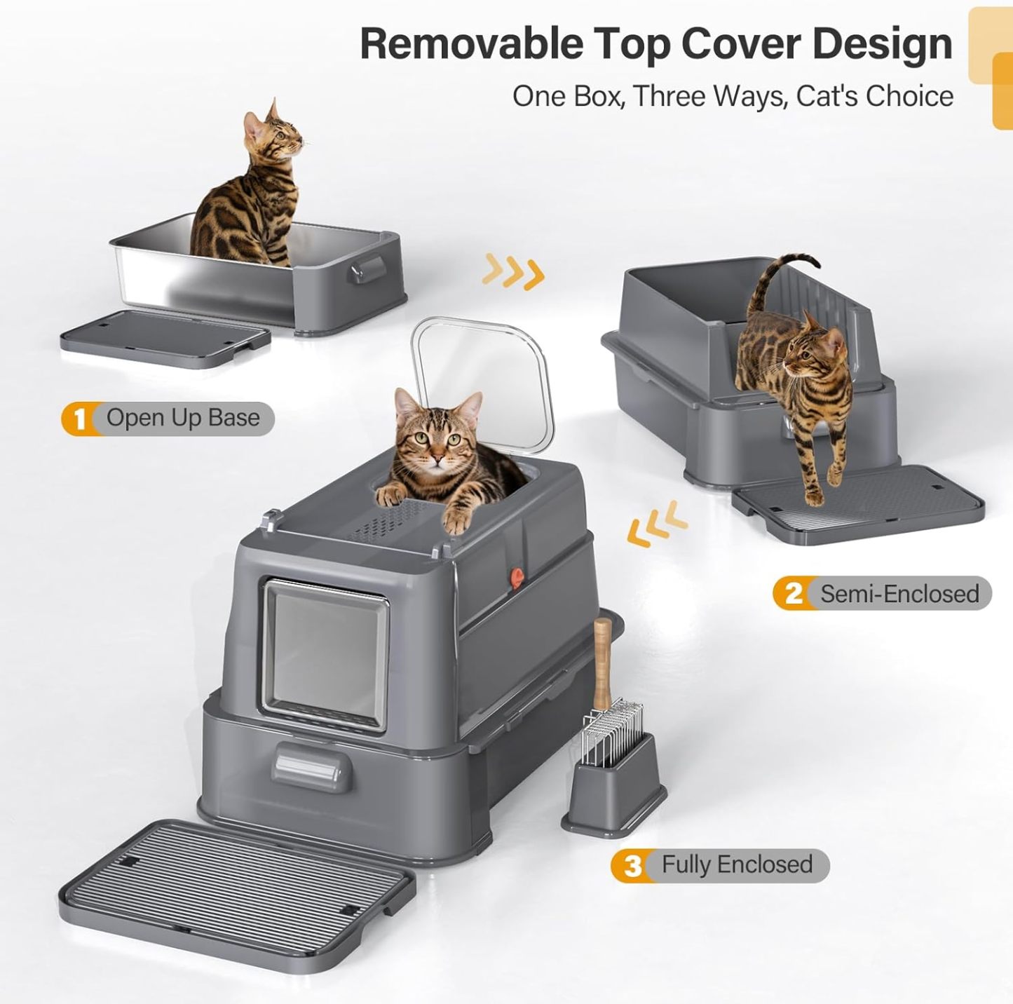 MarvelPaws Enclosed Stainless Steel Cat Litter Box with Lid| XL Large Metal Cat Box with Drawer for Big Cats| Top Exit Kitty Litter Box Includes Scoop, Filter Pedal, Odor Control, Easy Cleaning