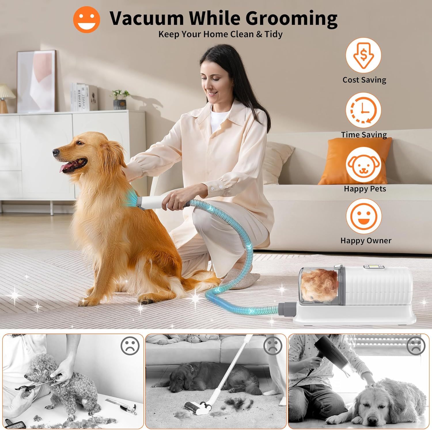 Dog Vacuum Grooming & Hair Dryer for Shedding Grooming| 6 in 1 Pet Grooming Vacuum for Dogs Cats at Home with Pet Clippers and 4 Combs, 9 Adjustable Speed and Temperature Control Dog Blower