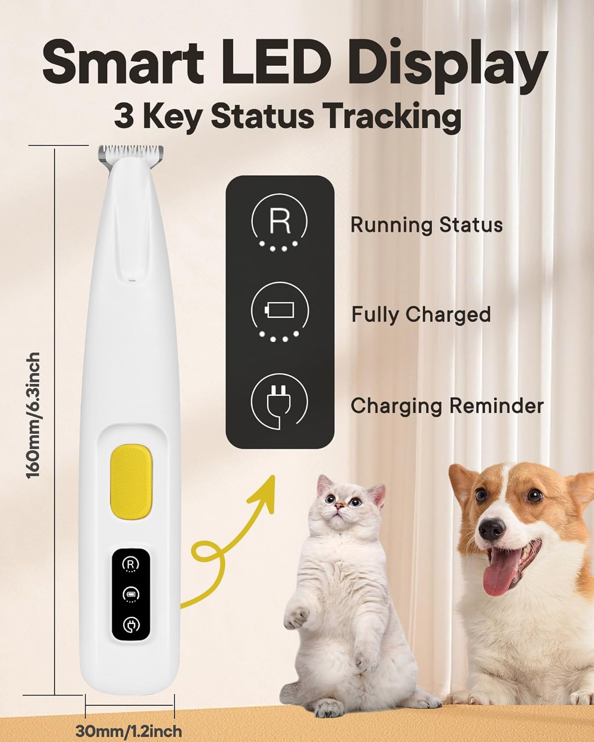 MarvelPaws Trimmer with LED Light, 18 mm Widen Blade, 35 dB Low Noise, LED Display, Fully Waterproof, Rechargeable Clipper for Dogs Cats Trimming Paws, Eyes, Ears, Face, and Rump