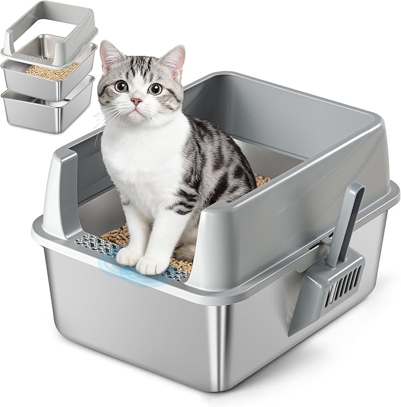 Stainless Steel Sifting Litter Box for Pine Pellets| Large Sifting Cat Litter Box with Sifter, High Side for Big Cats, Anti-Leakage, Odor Control, Includes Scooper| 23.6" x 15.7" x 11.8" 