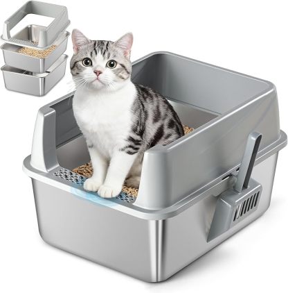 Stainless Steel Sifting Litter Box for Pine Pellets| Large Sifting Cat Litter Box with Sifter, High Side for Big Cats, Anti-Leakage, Odor Control, Includes Scooper| 23.6" x 15.7" x 11.8" 
