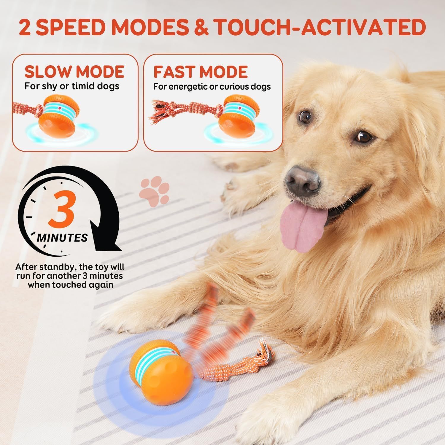 MarvelPaws Interactive Dog Toys, Random Path Electric Automatic Moving and Rolling Toy with Rope for All Dogs| Motion-Activated Dog Stimulation Toy for Boredom Relief (Orange)