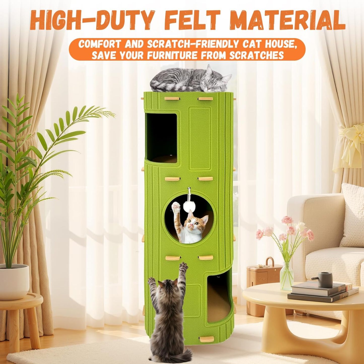 MarvelPaws Cat House for Indoor Cats| 3-Storey Cozy Felt Cat Bed Cave with Tunnel Hideaway| Large Multi-Cat Condo for Rest & Play