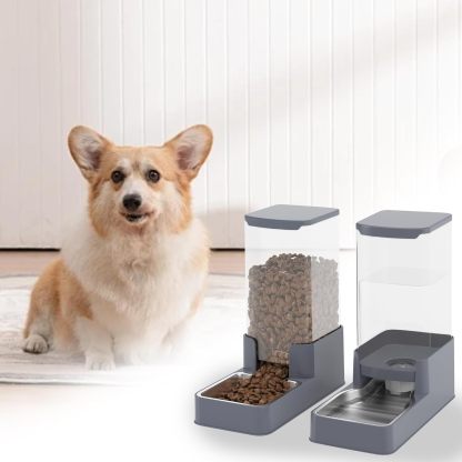 Stainless Steel Pet Feeder and Water Dispenser| Large Capacity Pet Food Bowl for Small Medium Pets Puppy Kitten (Grey,1 Gallon)