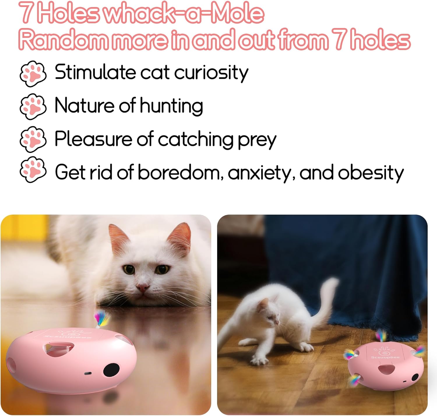 MarvelPaws Interactive Cat Toy| Electric Cat Toys for Moving Concealed Feathers| Smart Sensor 7 Holes Whack a Mole Feather Toy| USB Charge Automatic Kitten Toys| Pink