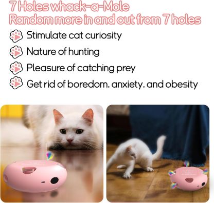 MarvelPaws Interactive Cat Toy| Electric Cat Toys for Moving Concealed Feathers| Smart Sensor 7 Holes Whack a Mole Feather Toy| USB Charge Automatic Kitten Toys| Pink
