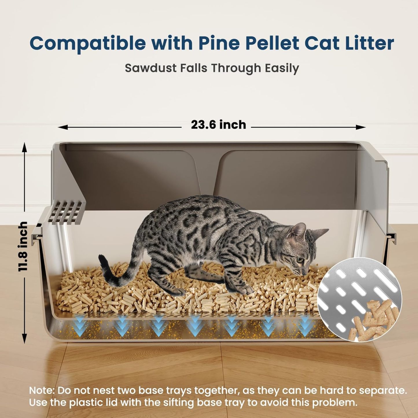 Stainless Steel Sifting Litter Box for Pine Pellets| Large Sifting Cat Litter Box with Sifter, High Side for Big Cats, Anti-Leakage, Odor Control, Includes Scooper| 23.6" x 15.7" x 11.8" 