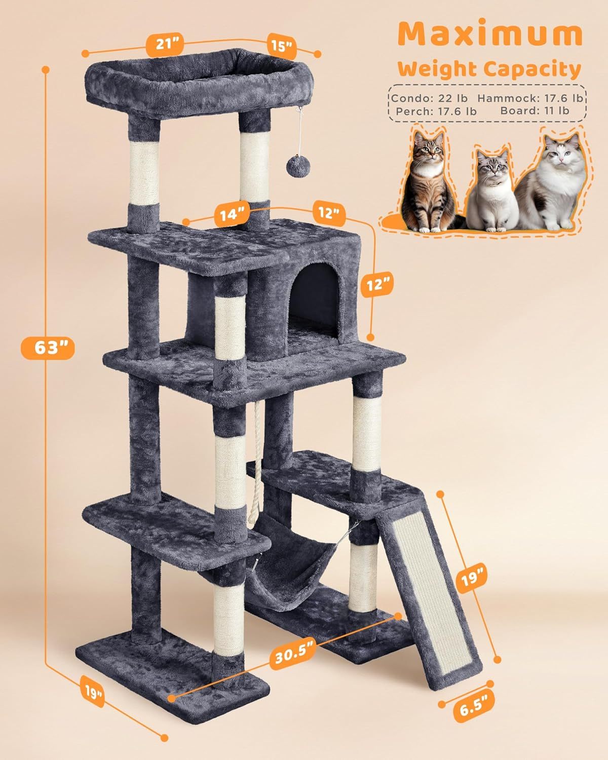 MarvelPaws Large Multi-Level Cat Tree| 63 Inches Tall with Sisal-Covered Scratching Posts, Condo, Hammock, Dangling Ball, and Extended Platform for Cats to Play and Sleep