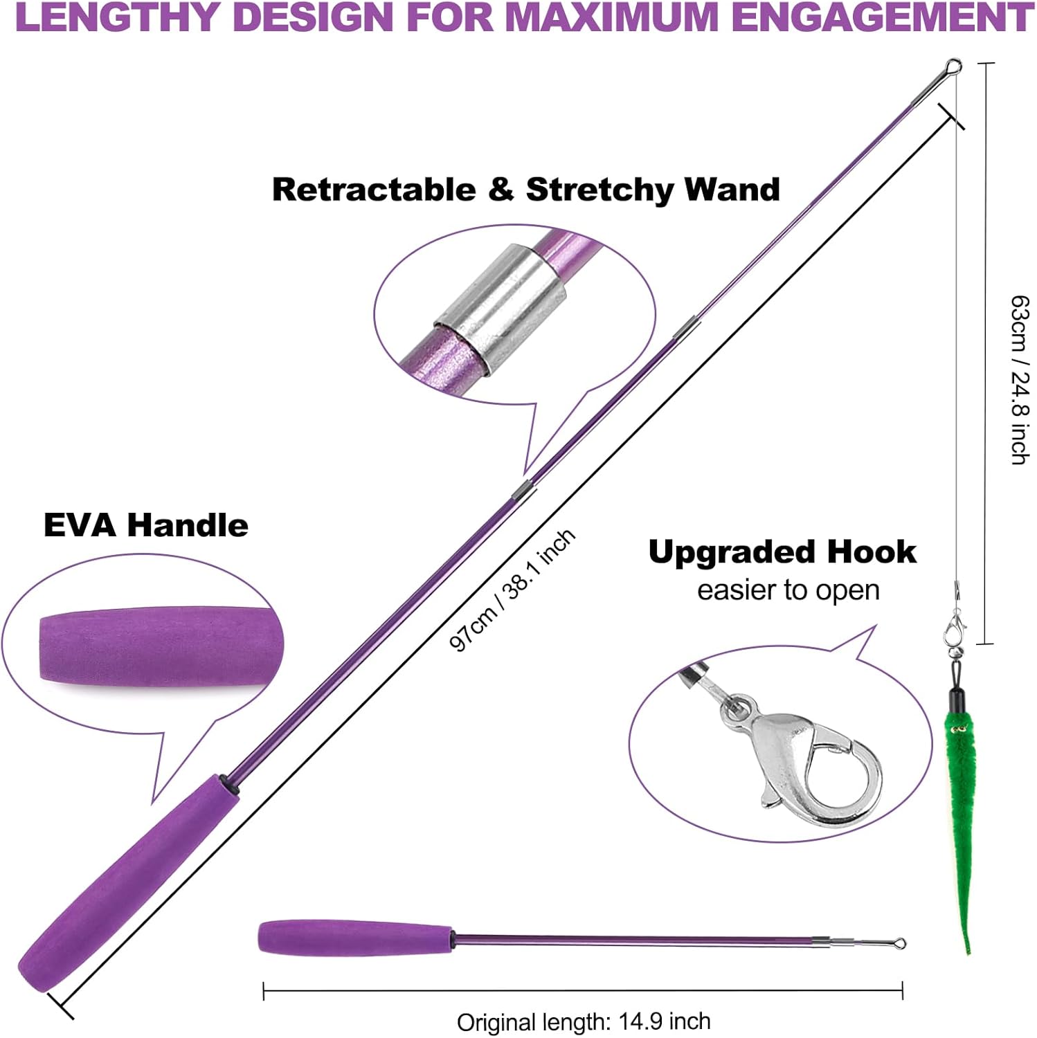 MarvelPaws11PCS Cat Wand Toy, Cat Interactive Toys for Indoor Cats, 2 Retractable Cat Wand, 7 Worm Cat Teaser Toys and 1 Plush Fish Cat Toy, Cat Feather Toys for Play Chase Exercise with Kitten, Extra 1 Line