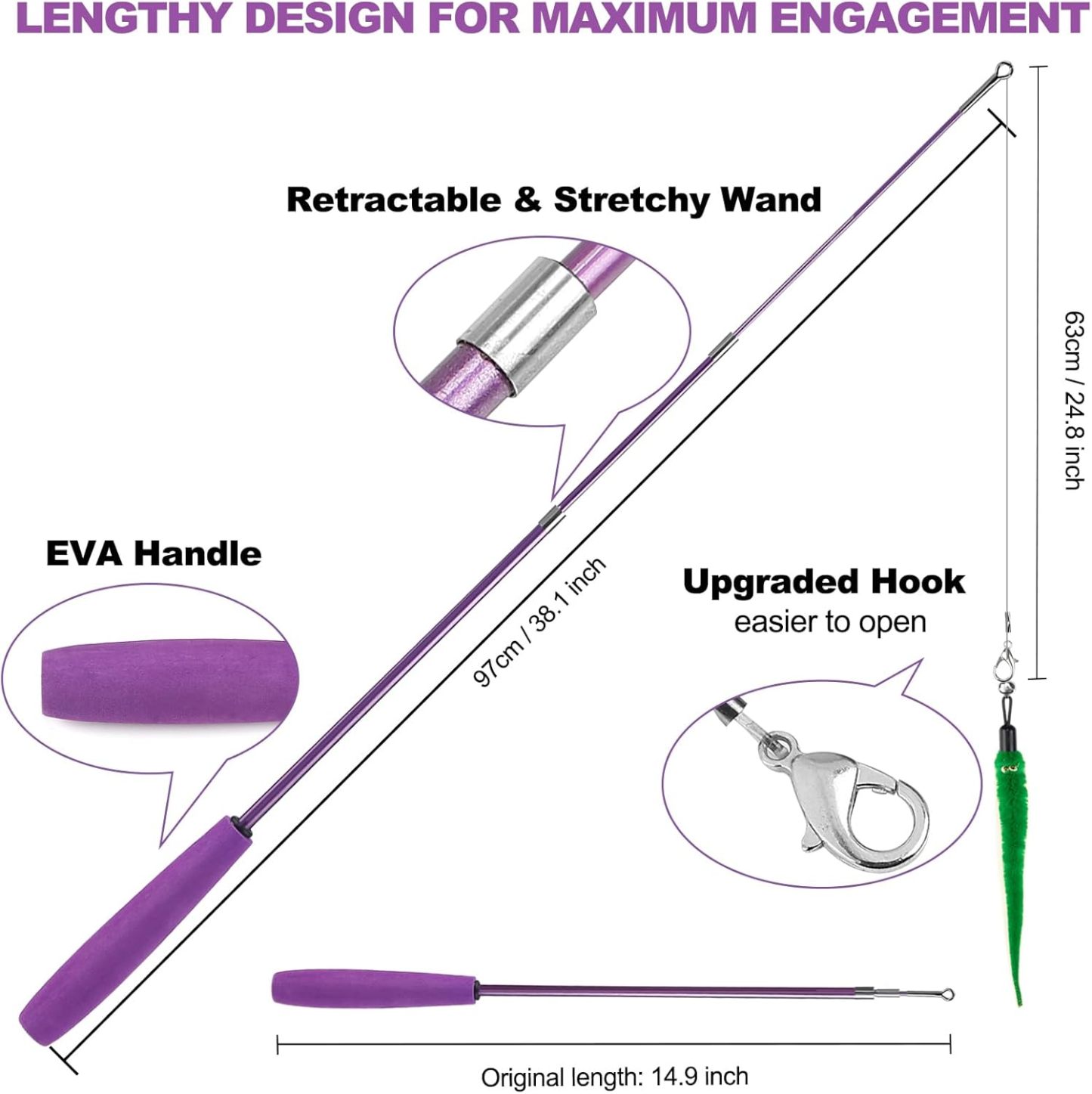 MarvelPaws11PCS Cat Wand Toy, Cat Interactive Toys for Indoor Cats, 2 Retractable Cat Wand, 7 Worm Cat Teaser Toys and 1 Plush Fish Cat Toy, Cat Feather Toys for Play Chase Exercise with Kitten, Extra 1 Line