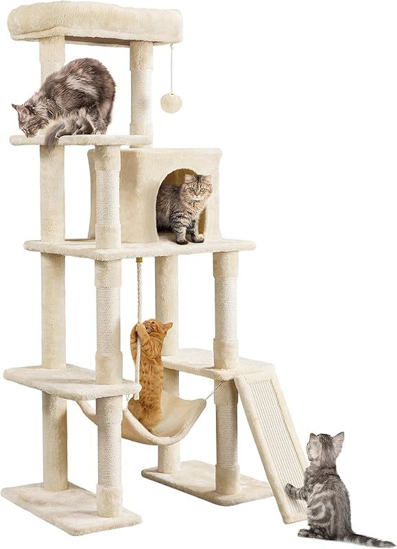MarvelPaws Large Multi-Level Cat Tree| 63 Inches Tall with Sisal-Covered Scratching Posts, Condo, Hammock, Dangling Ball, and Extended Platform for Cats to Play and Sleep