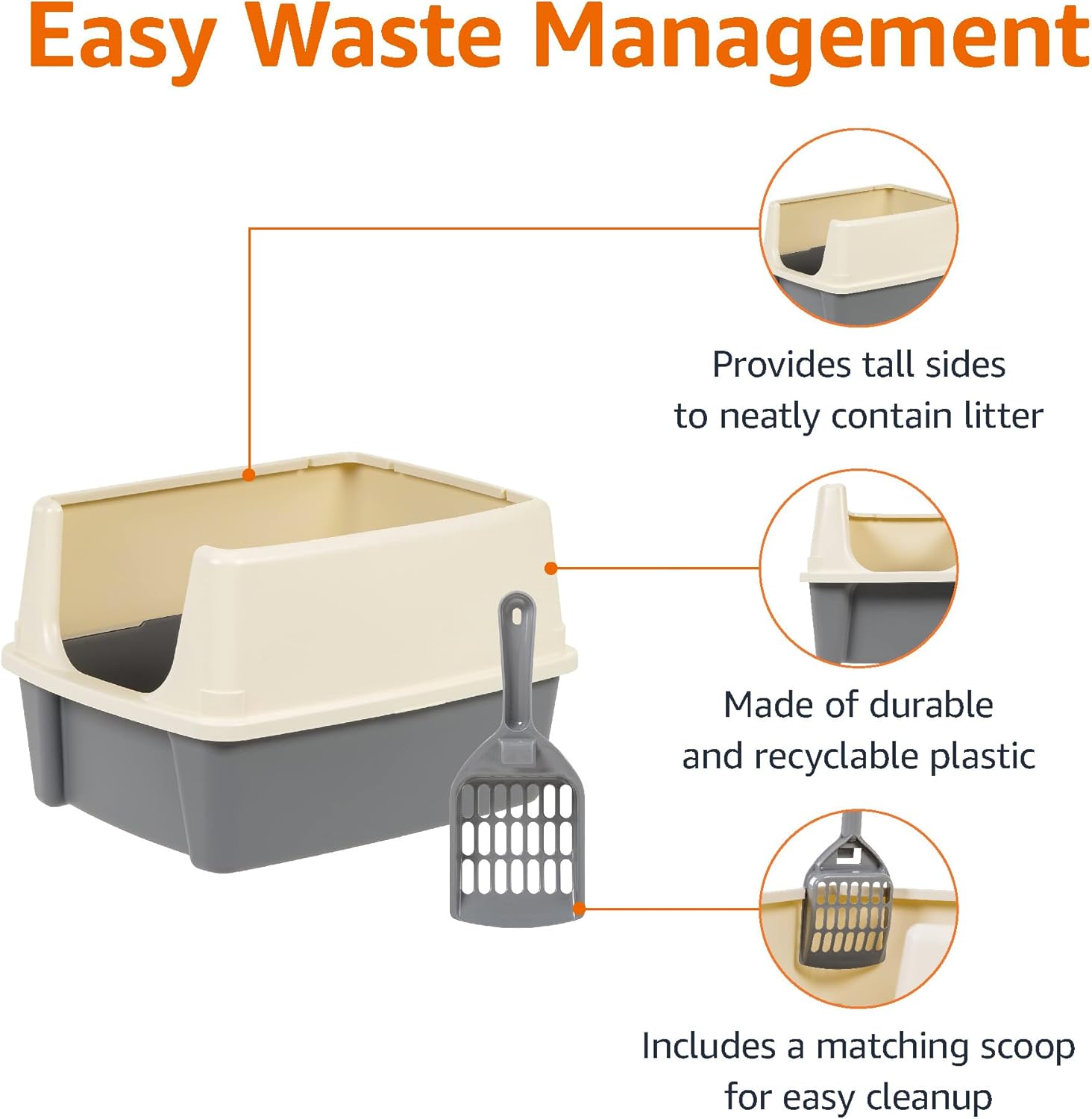 MarvelPaws Basics Large Cat Litter Box with High Sides, Open Top, Includes Scoop| 19 x 15 x 11.75 inches