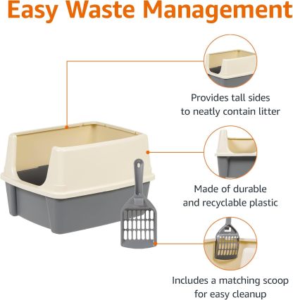 MarvelPaws Basics Large Cat Litter Box with High Sides, Open Top, Includes Scoop| 19 x 15 x 11.75 inches