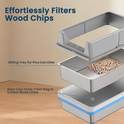 Stainless Steel Sifting Litter Box for Pine Pellets| Large Sifting Cat Litter Box with Sifter, High Side for Big Cats, Anti-Leakage, Odor Control, Includes Scooper| 23.6" x 15.7" x 11.8" 