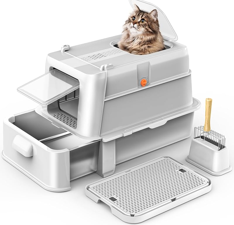 MarvelPaws Enclosed Stainless Steel Cat Litter Box with Lid| XL Large Metal Cat Box with Drawer for Big Cats| Top Exit Kitty Litter Box Includes Scoop, Filter Pedal, Odor Control, Easy Cleaning