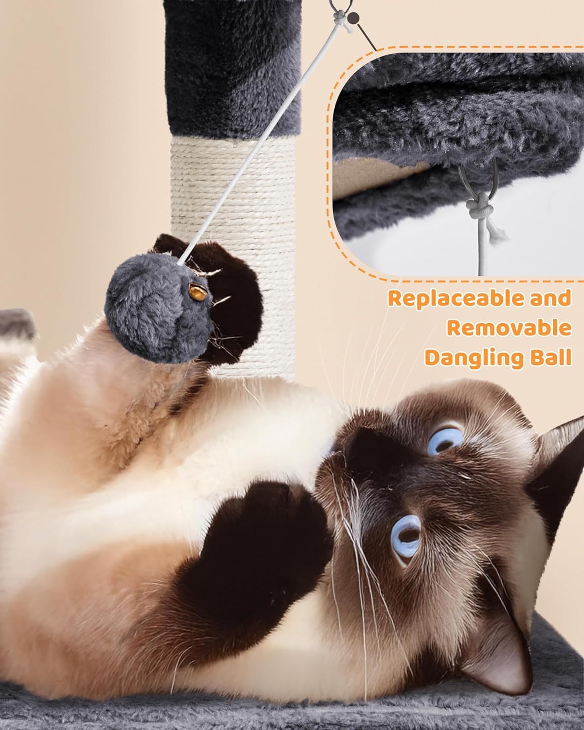 MarvelPaws Large Multi-Level Cat Tree| 63 Inches Tall with Sisal-Covered Scratching Posts, Condo, Hammock, Dangling Ball, and Extended Platform for Cats to Play and Sleep