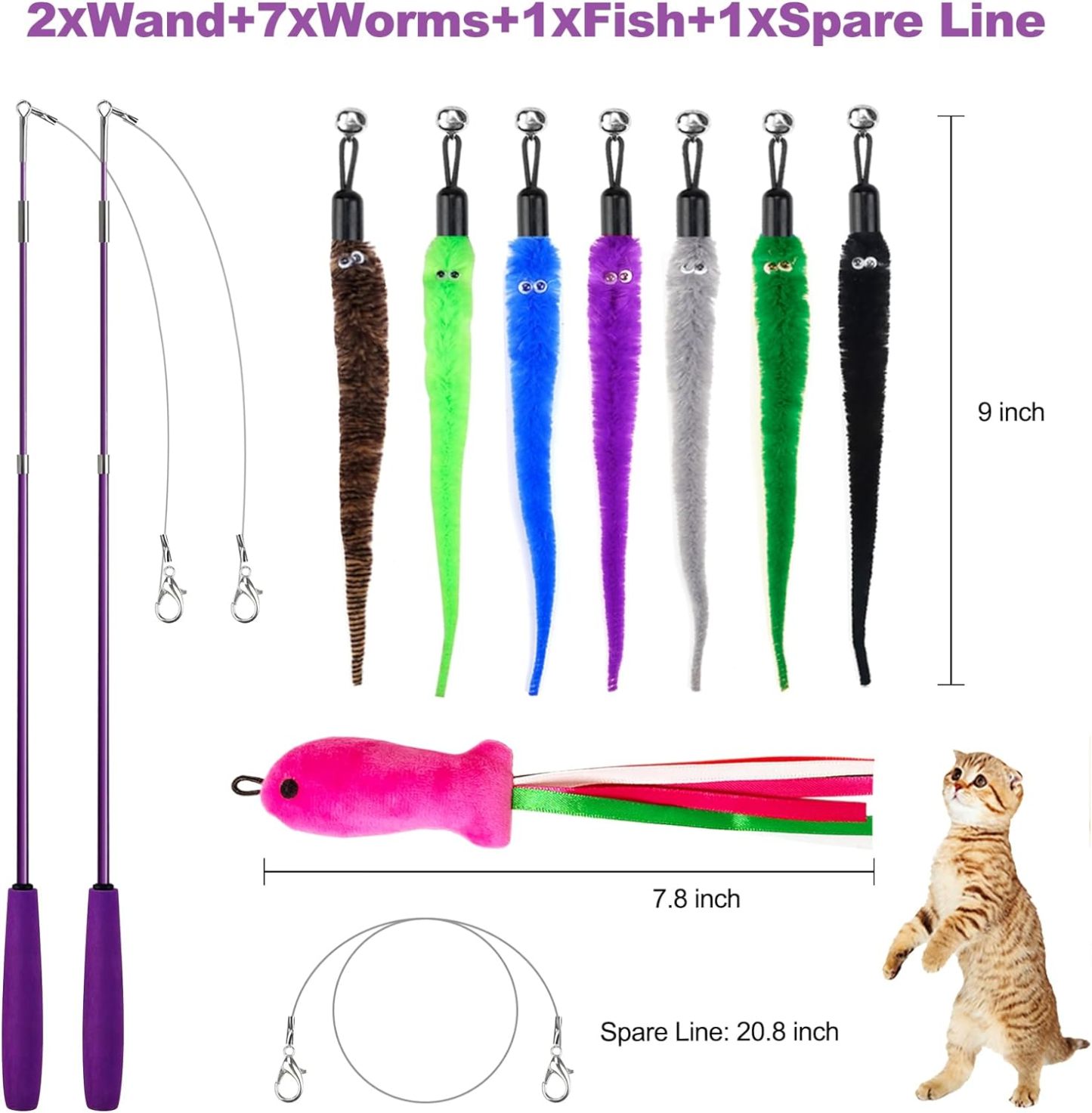 MarvelPaws11PCS Cat Wand Toy, Cat Interactive Toys for Indoor Cats, 2 Retractable Cat Wand, 7 Worm Cat Teaser Toys and 1 Plush Fish Cat Toy, Cat Feather Toys for Play Chase Exercise with Kitten, Extra 1 Line