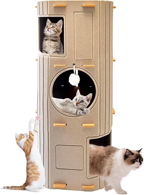 MarvelPaws Cat House for Indoor Cats| 3-Storey Cozy Felt Cat Bed Cave with Tunnel Hideaway| Large Multi-Cat Condo for Rest & Play