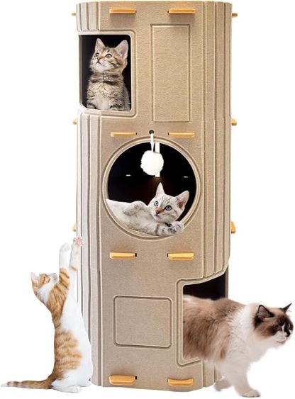 MarvelPaws Cat House for Indoor Cats| 3-Storey Cozy Felt Cat Bed Cave with Tunnel Hideaway| Large Multi-Cat Condo for Rest & Play