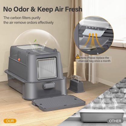 MarvelPaws Enclosed Stainless Steel Cat Litter Box with Lid| XL Large Metal Cat Box with Drawer for Big Cats| Top Exit Kitty Litter Box Includes Scoop, Filter Pedal, Odor Control, Easy Cleaning