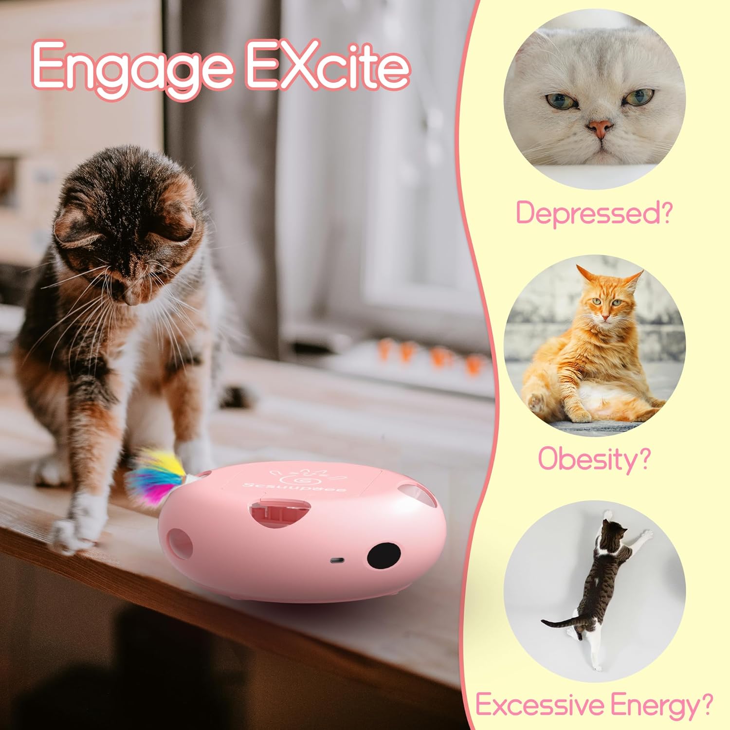 MarvelPaws Interactive Cat Toy| Electric Cat Toys for Moving Concealed Feathers| Smart Sensor 7 Holes Whack a Mole Feather Toy| USB Charge Automatic Kitten Toys| Pink