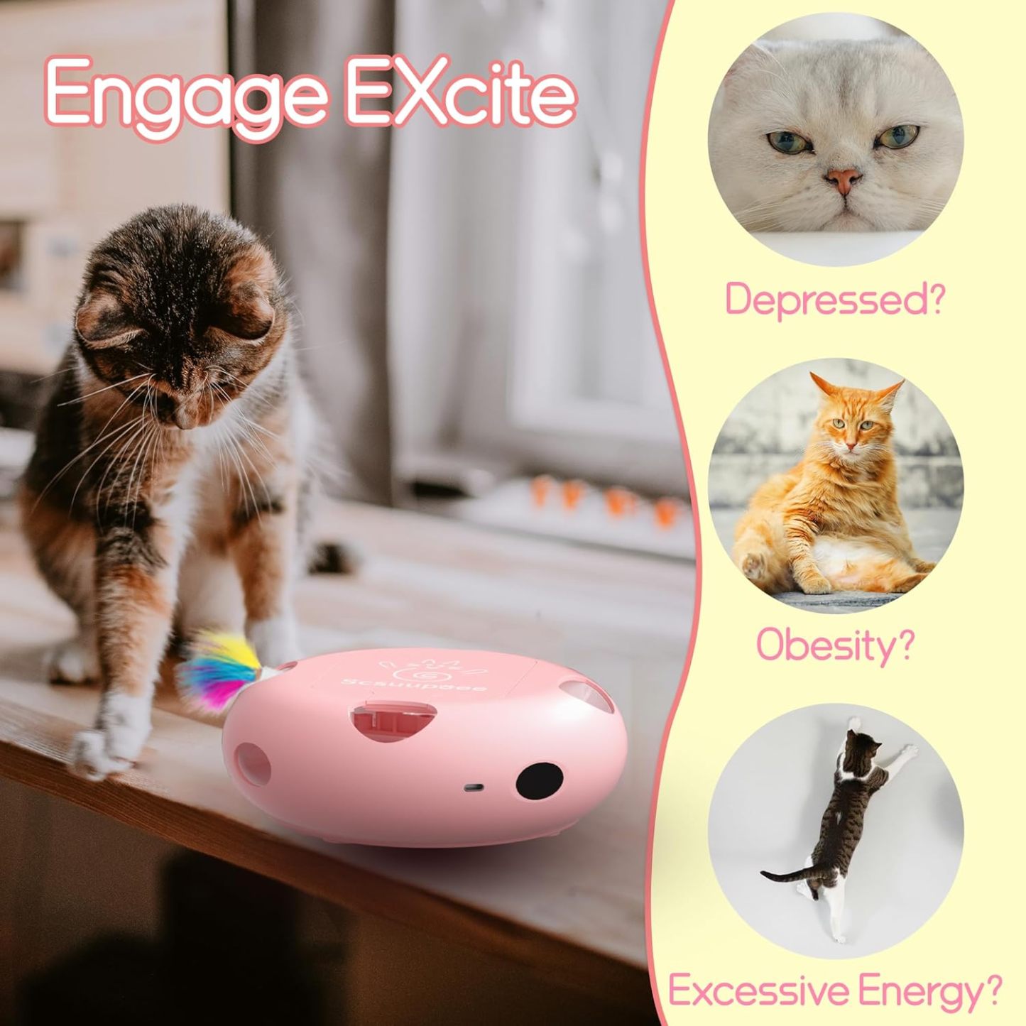 MarvelPaws Interactive Cat Toy| Electric Cat Toys for Moving Concealed Feathers| Smart Sensor 7 Holes Whack a Mole Feather Toy| USB Charge Automatic Kitten Toys| Pink