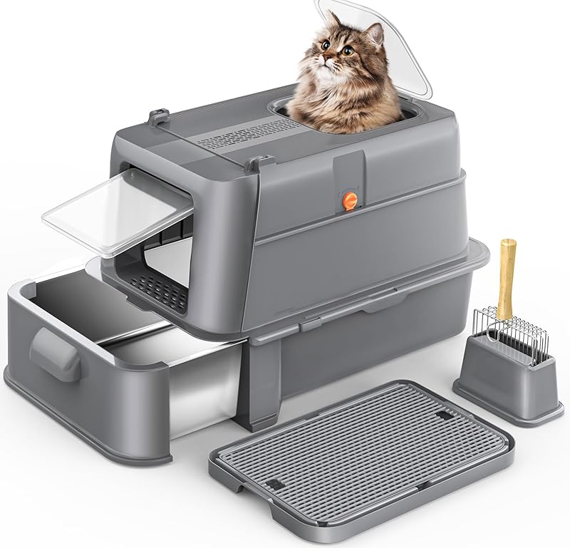MarvelPaws Enclosed Stainless Steel Cat Litter Box with Lid| XL Large Metal Cat Box with Drawer for Big Cats| Top Exit Kitty Litter Box Includes Scoop, Filter Pedal, Odor Control, Easy Cleaning