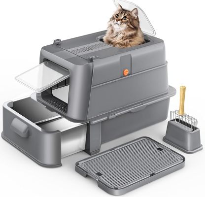 MarvelPaws Enclosed Stainless Steel Cat Litter Box with Lid| XL Large Metal Cat Box with Drawer for Big Cats| Top Exit Kitty Litter Box Includes Scoop, Filter Pedal, Odor Control, Easy Cleaning