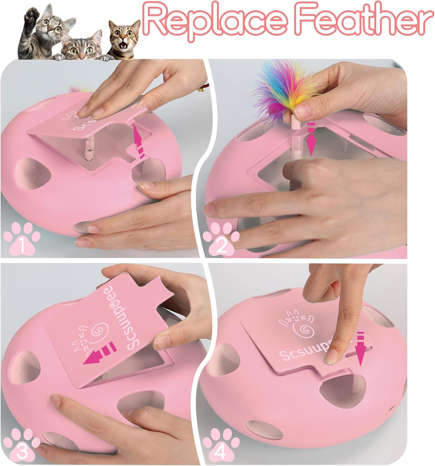 MarvelPaws Interactive Cat Toy| Electric Cat Toys for Moving Concealed Feathers| Smart Sensor 7 Holes Whack a Mole Feather Toy| USB Charge Automatic Kitten Toys| Pink