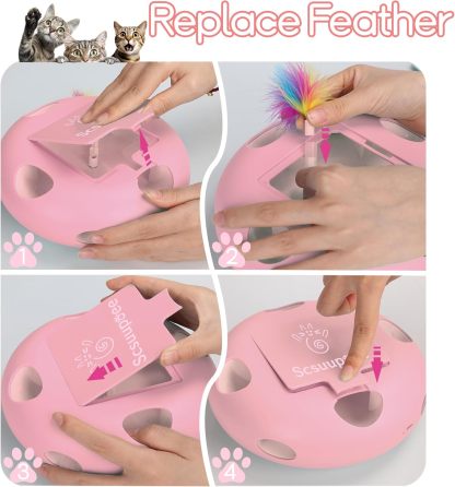 MarvelPaws Interactive Cat Toy| Electric Cat Toys for Moving Concealed Feathers| Smart Sensor 7 Holes Whack a Mole Feather Toy| USB Charge Automatic Kitten Toys| Pink