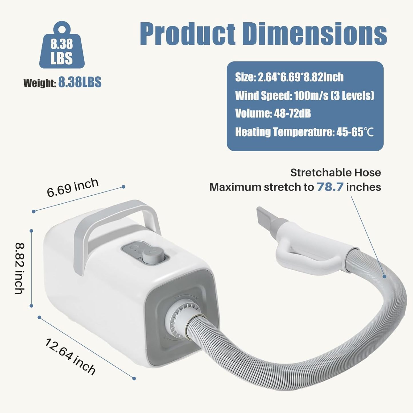 DUMOS Dog Blow Sryer Grooming Vacuum Kit| Cat Dog Hair Dryer with Adjustable Wind Speed & Heater Temperature, Cool-Warm-Hot Cycle Mode, 4 Nozzles| 6.5FT Cord for Low Noise Pet Hair Remover