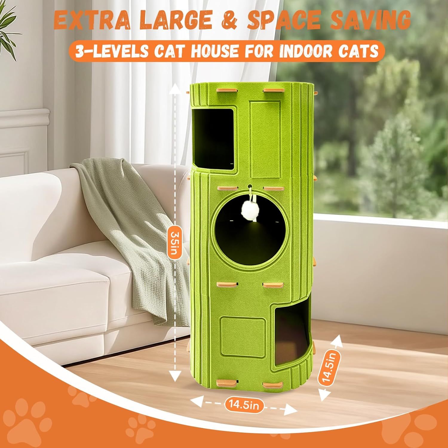 MarvelPaws Cat House for Indoor Cats| 3-Storey Cozy Felt Cat Bed Cave with Tunnel Hideaway| Large Multi-Cat Condo for Rest & Play