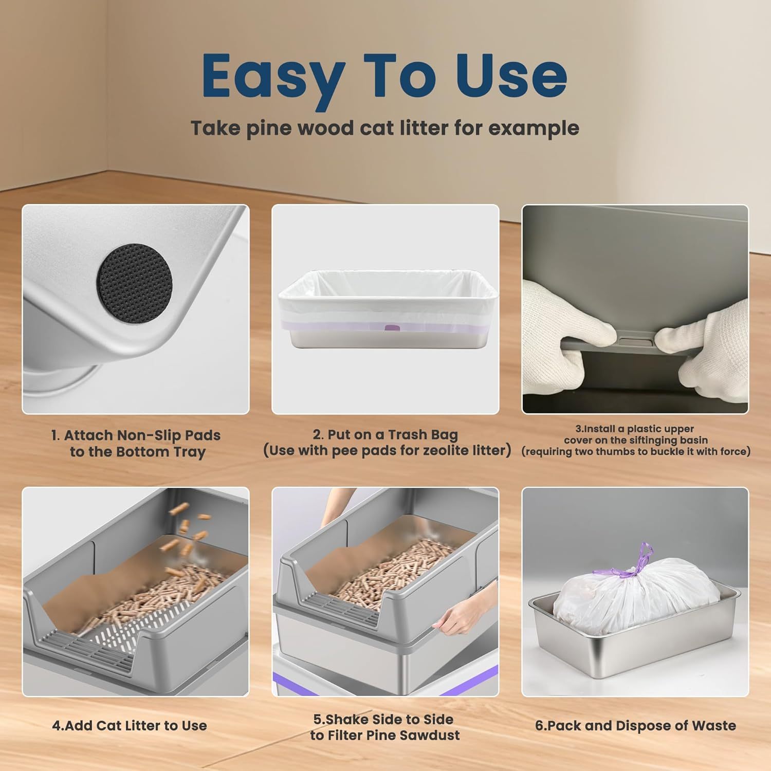 Stainless Steel Sifting Litter Box for Pine Pellets| Large Sifting Cat Litter Box with Sifter, High Side for Big Cats, Anti-Leakage, Odor Control, Includes Scooper| 23.6" x 15.7" x 11.8" 