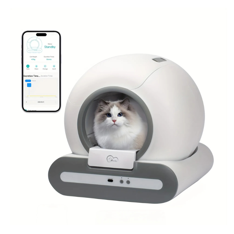 DOEL Smart Self-Cleaning Automatic Cat Litter Box with App Control, 2.4G WiFi, Large 65L Capacity,  Infrared & Gravity Sensors, Compatible with Clumping & Mineral Cat Litter for Cats up to 15 lbs - Modern Sleek Design, Pet Hygiene Solution
