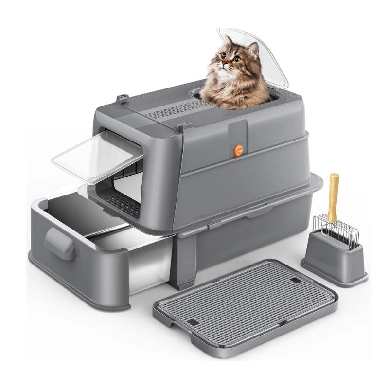 MarvelPaws Enclosed Stainless Steel Cat Litter Box with Lid| XL Large Metal Cat Box with Drawer for Big Cats| Top Exit Kitty Litter Box Includes Scoop, Filter Pedal, Odor Control, Easy Cleaning