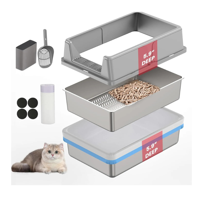 Stainless Steel Sifting Litter Box for Pine Pellets| Large Sifting Cat Litter Box with Sifter, High Side for Big Cats, Anti-Leakage, Odor Control, Includes Scooper| 23.6" x 15.7" x 11.8" 