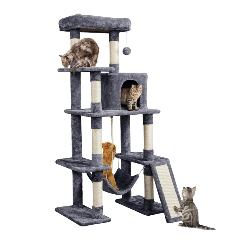 MarvelPaws Large Multi-Level Cat Tree| 63 Inches Tall with Sisal-Covered Scratching Posts, Condo, Hammock, Dangling Ball, and Extended Platform for Cats to Play and Sleep